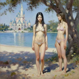 oil painting by ilya kuvshinov,, baugh casey, artgerm craig mullins, sakimi, coby whitmore, of a youthful japanese girl, long hair, fully clothed bikini at the beach, highly detailed, otherworldly face, disney palace in background studio photography, noon, intense bounced light, water reflection, large tree casting shadow, by zack snyder