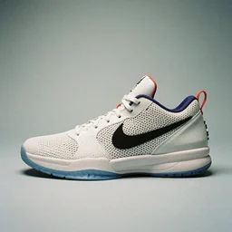 a studio photoshoot of A Nike basketball sneaker designed by Virgil Abloh, mesh fabrics, Off-White, realistic, color film photography by Tlyer Mitchell, 35 mm, graflex