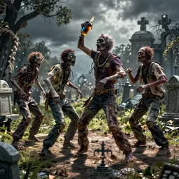 hyper realistic photography of drunk dancing zombie in graveyard brom, moebius, craig mullins, juan gimenez mohrbacher artstation cgsociety pinterest burningman coachella