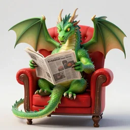 A green dragon sitting in a comfortable red chair reading a newspaper, hyperdetailed, artstation, cgsociety, 8k