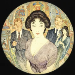 vintage cinematic watercolor by bruce pennington, fisheye!!!!!!! portrait of a lady by francois schuiten, by dean cornwell, by yoshitaka amano, 7 0 s sci - fi art book cover, craig russel art, japanese woodblock, intricate background details by henri - edmond cross, greg rutkowski