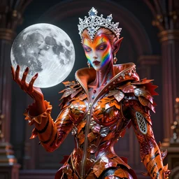 hyper detailed ultra sharp portrait of baroque and bladerunner delicate neon ruby sculpture of ( seductive albino prince adrien sahores ) ( ( tigers orange ) ) radioactive humanoid deity wearing ( ( metallic hoody made out of leaves ) ) ( holding the moon ) evil dungeon, glowing rainbow face, crown of white diamonds, cinematic lighting, photorealistic, octane render 8 k depth of field 3 d