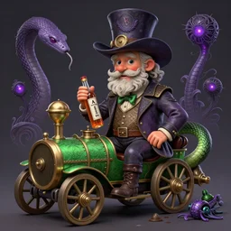 Uncle Aloysius, snake oil salesman, wild west crypto pharmaceutical industrialist locomotive petroleum apothecary alchemist tinkerer engineer, cute, fantasy, intricate, elegant, highly detailed, digital painting, 4k, HDR, concept art, smooth, sharp focus, illustration,  purple green color scheme, art by Ed Roth and H R Giger and Greg Rutowski and Lisa Frank