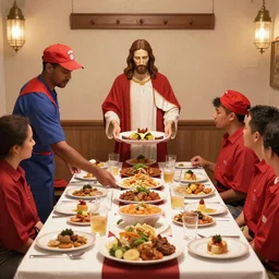 Jollibee workers serving Jesus Christ las supper