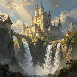 a painting of a castle on top of a mountain, over a high waterfall, bridges connecting the buildings, low angle, high detail, warm lighting, volumetric, godrays, vivid, huge scene, a detailed matte painting by tyler edlin, artstation, fantasy art, matte painting, matte drawing, storybook illustration