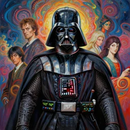 ( ( darth vader ) ) samurai!!!! warrior, intense intricate detail, beautiful and gorgeous design, cinematic composition, painting masterpiece by rembrandt, michelangelo, junji ito, yoji shinkawa, takehiko inoue, psychedelic imagery background, fractal clouds