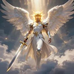 male Solar angel warrior from DnD descending from the clouds. Glowing golden eyes and hair, wearing white robes and vambraces. Wielding a large sword in his right hand. Dramatic lighting and cloud with godrays shining down. high quality DnD illustration, trending on ArtStation
