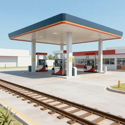 a gas station, with railway tracks going through it