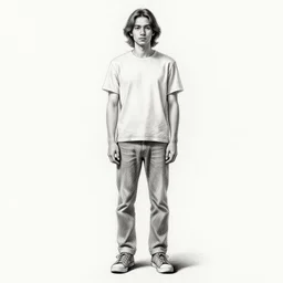 professional pencil sketch of a full-body view of a young adult man with medium-length hair wearing a black face mask, a striped long-sleeved shirt, and ripped skinny jeans, high quality, HD, 8K, highly detailed, award-winning