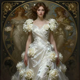woman dressed in a vaporous wrapped large  victorian white roses silk dress fashion, D&D, fantasy, intricate, elegant, highly detailed, digital painting, artstation, concept art, matte, sharp focus, illustration, art by Artgerm and Greg Rutkowski and Alphonse Mucha
