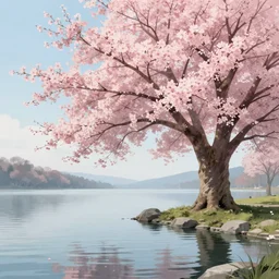 vanishing - point a single sakura tree upon a lake, viewed from a distance, stephen bliss, unreal engine, illustration, fantasy art by greg rutkowski, loish, rhads, ferdinand knab, makoto shinkai and lois van baarle, ilya kuvshinov, rossdraws, tom bagshaw, global illumination, radiant light, minimalist, detailed and intricate environment