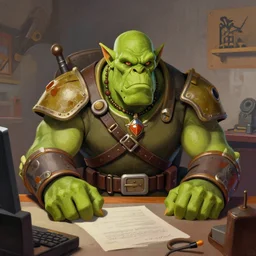 greg manchess digital painting of an old dieselpunk orc military officer ( as an overwatch character ) with olive green skin sitting at a desk in his office, organic painting, matte painting, bold shapes, hard edges, street art, trending on artstation, by huang guangjian and gil elvgren and sachin teng