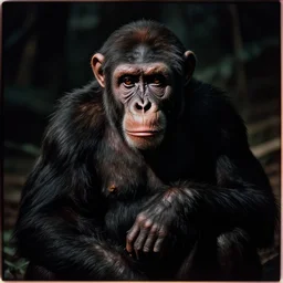 faded cinestill of a creepy ape staring at the camera in the dark