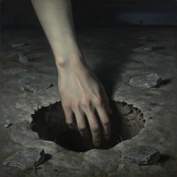 painting of giant hand coming out of a hole in a vast rocky terrain at night, eerie, depressing, detailed, style of zdzislaw beksinski