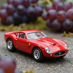 3 5 mm photo of red 1 9 5 2 ferrari 5 0 0 f 2, hot wheels model with grapes field as background, very high detail, epic cinematic, epic lighting