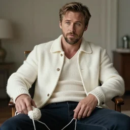 ryan gosling in a white jacket is sitting on a chair, but it is knitted from yarn, preservation of lethality, proportions, quality, realism, focus in the foreground,