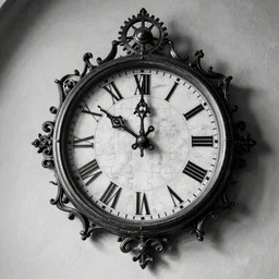 a black and white photo of a clock on a wall, a jigsaw puzzle by Cleon Peterson, featured on zbrush central, gothic art, made of liquid metal, made of wrought iron, steampunk