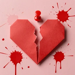 paper origami broken heart thumbtack pinned to a wall red paint splatters