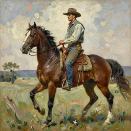 an extremely detailed full body masterpiece painting of a cowboy gunslinger from a low angle sitting on his horse, in the style of frank auerbach, epic scene, tensive mood and action, muted colors