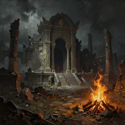 detailed oil painting of the ancient city of ash ( ruins of the shrine ) from dark souls iii, dark souls bonfire ( long sword in a bonfire ), 8 k resolution, smooth, sharp focus, dramatic dark eerie lighting, matte painting