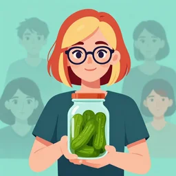 a proud girl with short red and blond hair and dark rim glasses, proudly holding a fido jar filled with green gherkin, clean cel shaded vector art. shutterstock. behance hd by lois van baarle, artgerm, helen huang, by makoto shinkai and ilya kuvshinov, rossdraws, illustration