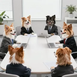 4 dogs in suits around a table in a business meeting