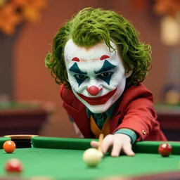 very beautiful portrait of an extremely cute and adorable the joker playing pool, smooth, perfect face, fantasy, character design by mark ryden and pixar and hayao miyazaki, sharp focus, concept art, harvest fall vibrancy, intricate detail, cinematic lighting, hyperrealistic, 3 5 mm, diorama macro photography, 8 k, 4 k