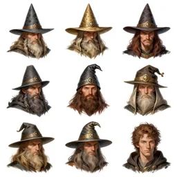 item concept art grid of wizard headgear by artgerm and Craig Mullins, James Jean, Andrey Ryabovichev, Mark Simonetti and Peter Morbacher 16k