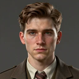 A videogame portrait of a young Irish man with high cheekbones. Good bone structure. Dressed in 1940s style. (Hazel hair). Highly detailed, fine Art, high detail, great lighting, 8k resolution, masterpiece, concept art, illustration, clear eyes, painting oil on canvas, octane render, HDR, trending on artstation, 4k, 8k, HD