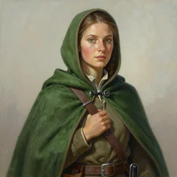 an portrait of an hunter woman with a green cape and hoodie on, Matte painting , detailed painting, greg rutkowski