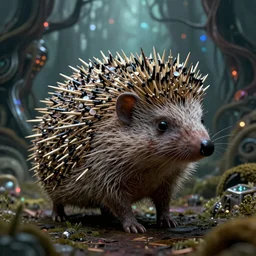 intricate hedgehog with nails instead of needles, on the background of a weird magical mechanical forest. Very detailed 8k. Fantasy cyberpunk horror. Sharp. Cinematic post-processing. Unreal engine. Nanite. Ray tracing. Parallax. Tessellation