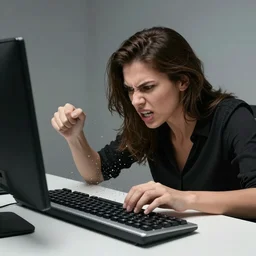 A woman smashing a keyboard, angry, stock photo