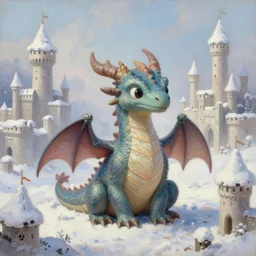 fantasy realism, very soft oil painting, an adorable friendly cute little dragon that is sitting, as an anatomically accurate quadruped, surrounded by endless snowy castles, art by larry elmore, and ted nasmith, and brothers hildebrandt, and paul bonner, and boris vallejo, as a book cover illustration, raytraced, cottagecore