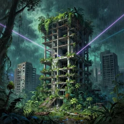 a beautiful ultradetailed painting of unfinished building urbex abandoned city nature consulate by renzo piano, evil nature laser biopunk anime vaporwave rainforest, archdaily, wallpaper, highly detailed, trending on artstation.