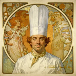 an art nouveau painting of a french chef wearing a tall chef's hat, highly detailed, intricate, artstation, by alphonse mucha and james gurney
