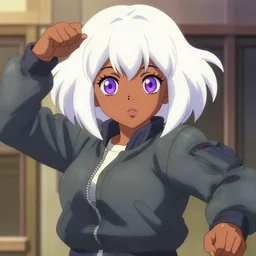 anime poster film still portrait, black young woman, large, purple eyes!!!, white hair!!!!!, french bob, bomber jacket, detailed facial features, dynamic pose, cute face by ilya kuvshinov, yoh yoshinari, makoto shinkai, rimlight, cel shaded, 4 k