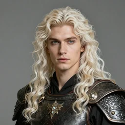 portrait of Lucius the beautiful fantasy warlord, long fluffy platinum blond curly hair, clean and pretty, 8k, trending on artstation