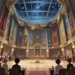 polygonal courtroom with giant walls and glass ceilings showing the stars and hanging silk drapery and tapestries, light dust, magnificent, close up, details, sharp focus, elegant, highly detailed, illustration, by Jordan Grimmer and greg rutkowski and PiNe(パイネ) and 薯子Imoko and 香川悠作 and wlop and maya takamura, intricate, beautiful, Trending artstation, pixiv, digital Art