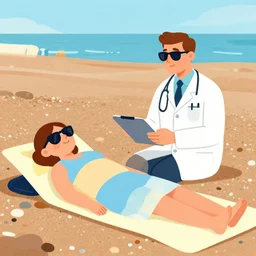 a doctor on brighton beach, england, sunglasses, pebbles, sunbathing. illustration