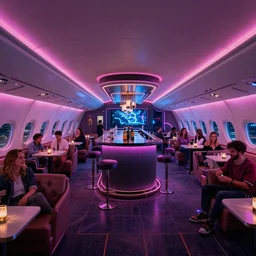 Bar and nightclub inside a widebody plane with neon lights and sofas filled with partygoers, digital rendering, unreal engine 5