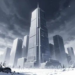 city in the style of cyberpunk, singular gigantic building focus, space sky, anime illustration, snow, snow, cool tones