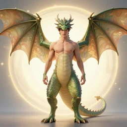 full figure beautiful young fit antrophomorphic male dragon, frontal view, big symmetrical wings, luminous scene, by greg rutkowski and alphonse mucha, d & d character, gradient yellow to red, in hell, highly detailed portrait, digital painting, artstation, concept art, smooth, sharp focus illustration, artstation hq