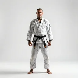 tattooed martial artist in gi, studio photography, full body, standing, isolated on a pure white background, centered, whole figure in frame, sharp focus, studio lighting