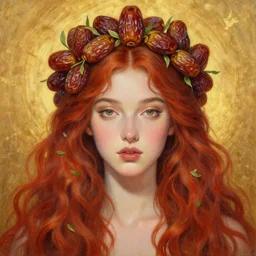 epic painting, full figure portrait of beautiful goddess with with sweet dried dates fruits, medjool dates, dried dates crown,, little green tea leaves, golden glow background, drawing, photography by amy leibowitz, wlop, jeremy lipkin, beeple, intricate, 4 k, red wavy hair, symmetrical front portrait
