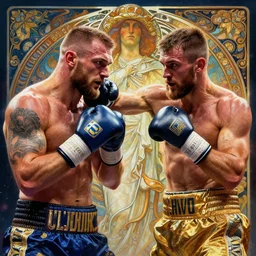 ukranian olexandr usyk punch russian alexandr povetkin, saint, intricate, highly detailed, my rendition, digital painting, artstation, concept art, sharp focus, illustration, art by artgerm and greg rutkowski and alphonse mucha, 8 k ultra realistic, lens flare, atmosphere, glow, detailed, intricate, full of colour, led lighting, 4 k, hyperrealistic, focused, extreme details, unreal engine 5, masterpiece