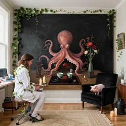 a female pathology student in her apartment, wrapped in vines, medical equipment, candles, octopus, japanese tea ceremony, pig, black walls, ikebana, black armchair, sculpture, acrylic on canvas, surrealist, by magritte and monet