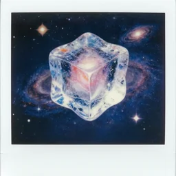 one realistic and colourful big ice cube floating in the universe, galaxies and stars at the background, polaroid photo style, retro effect, high details