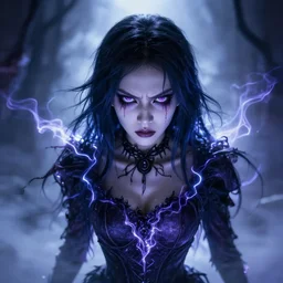 photorealistic full shot portrait of angry darkness anime girl, electric aura, beautifull lovely eyes!!!!!!!!! inspired by tim burton, detailed, unreal engine 4 k, volumetric light, fog