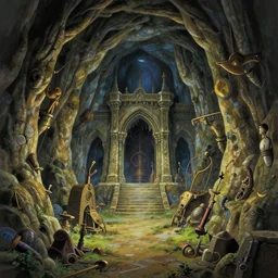 Masterfully painted mspaint art piece of underground middle-earth's 'Mines of Moria' painted by Makoto Shinkai and Studio Ghibli. Closeup zoomed view of the architecture within the caverns. View from underground within ancient dwarven mining equipment and architecture. Amazing beautiful incredible wow awe-inspiring fantastic masterpiece gorgeous fascinating glorious great.
