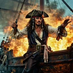 pirate escaping a burning ship, wearing a cowboys hat, photo, national geographic